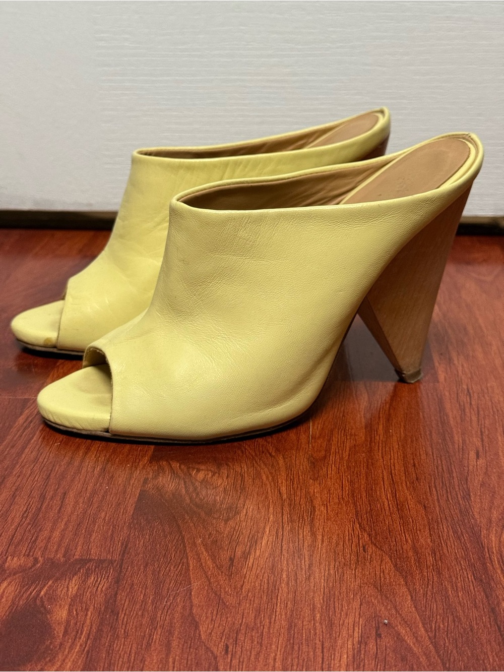 Peep-Toe Slip-On Heels in Soft Yellow Leather